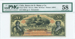 CHILE: Remainder of 20 Pesos (ND 1888) by Banco de D Matte y Ca in black on yellow and orange unpt with personification of Strength at left, allegoric...