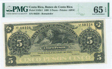 COSTA RICA: Remainder of 5 Pesos (1.4.1899) by Banco de Costa Rica in black on yellow and pale green unpt with lion at center. S/N: "80228". Printed b...