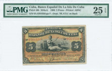 CUBA: 5 Pesos (15.5.1896) in black on orange and gold unpt with woman seated with bales at center. S/N: "6A 0764550". Printed by ABNC. Red ovpt "PLATA...