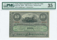 CUBA: 10 Pesos (15.5.1896) in black on green unpt with ox cart at top center. S/N: "3884610". Printed date, without ovpt. Printed by ABNC. Inside hold...