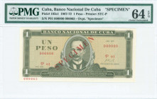 CUBA: Specimen of 1 Peso (1970) in olive-green on ochre unpt with portrait J Marti at center. S/N: "P01 000000". Red diagonal ovpt "SPECIMEN" at cente...