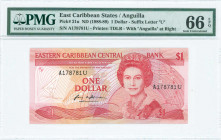 EAST CARIBBEAN STATES / ANGUILLA: 1 Dollar (ND 1988-89) in red on multicolor unpt with Queen Elizabeth II at center right. S/N: "A 178781 U". WMK: Que...