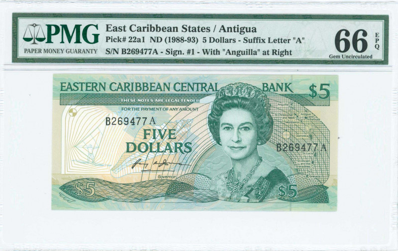 EAST CARIBBEAN STATES / ANTIGUA: 5 Dollars (ND 1988-93) in deep green on multico...