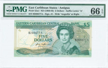 EAST CARIBBEAN STATES / ANTIGUA: 5 Dollars (ND 1988-93) in deep green on multicolor unpt with Queen Elizabeth II at center right. S/N: "B 269477 A". W...