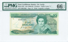 EAST CARIBBEAN STATES / ST LUCIA: 5 Dollars (ND 1988-93) in deep green on multicolor unpt with Queen Elizabeth II at center right. S/N: "E 685706 L". ...