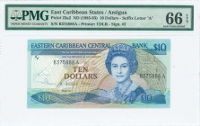 EAST CARIBBEAN STATES / ANTIGUA: 10 Dollars (ND 1985-93) in blue on multicolor unpt with Queen Elizabeth II at center right. S/N: "B 375888 A". WMK: Q...