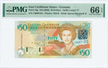 EAST CARIBBEAN STATES / GRENADA: 50 Dollars (ND 2003) in bronze and orange on multicolor unpt with Queen Elizabeth II at center right. S/N: "C 806012 ...