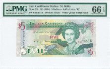 EAST CARIBBEAN STATES / ST KITTS: 5 Dollars (ND 1994) in dark green, black and violet on multicolor unpt with Queen Elizabeth II at center right. S/N:...