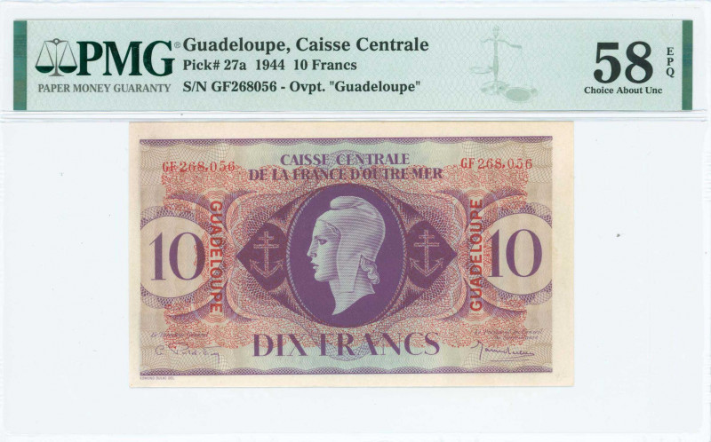 GUADELOUPE: 10 Francs (2.2.1944) in purple with Marianne at center. S/N: "GF 268...