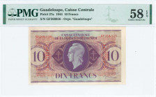 GUADELOUPE: 10 Francs (2.2.1944) in purple with Marianne at center. S/N: "GF 268056". Printed in England. Inside holder by PMG "Choice About Unc 58 EP...
