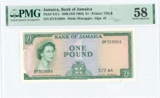 JAMAICA: 1 Pound (Law 1960 / ND 1964) in green on multicolor unpt with Queen Elizabeth at left. S/N: "DY 315664". WMK: Pineapple. Signature #2. Printe...