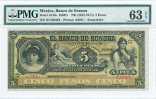 MEXICO: Remainder of 5 Pesos (ND 1897-1911) by Banco de Sonora in black on brown and yellow unpt with portrait Hortensia C Velez at left, cherub at le...