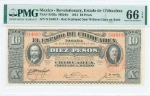 MEXICO / REVOLUTIONARY: 10 Pesos (June.1915) of Estado de Chihuahua in black on yellow-orange unpt with portrait of Francisco Madero at left and portr...