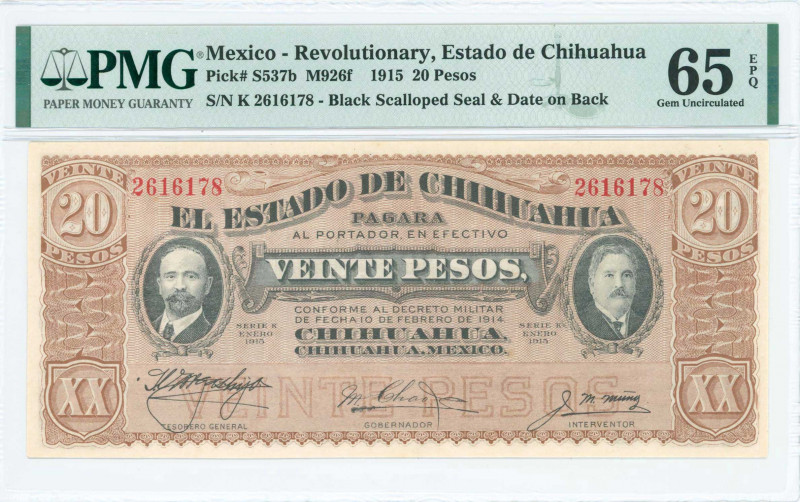 MEXICO / REVOLUTIONARY: 20 Pesos (7.10.1915) of Estado de CHihuahua in brown and...