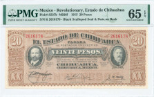 MEXICO / REVOLUTIONARY: 20 Pesos (7.10.1915) of Estado de CHihuahua in brown and black with portrait of Francisco Madero at left and portrait of Gov A...