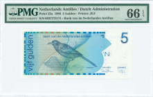 NETHERLANDS ANTILLES: 5 Gulden (31.3.1986) in dark blue on multicolor unpt with Troupial at center. S/N: "0037773171". WMK: Bank logo. Printed by JEZ....