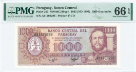 PARAGUAY: 1000 Guaranies (1995) in purple on multicolor unpt with Mariscal Francisco Solano Lopez at right. S/N: "A 91705296". Printed by F-CO. Inside...