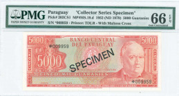 PARAGUAY: Collector species specimen of 5000 Guaranies (ND 1979) in red-orange on multicolor unpt with Don Carlos Antonio Lopez at right. S/N: "*00995...