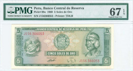 PERU: 5 Soles de Oro (20.6.1969) in green on multicolor unpt with Inca Pachacutec at right and Arms at center. S/N: "J 156366053". Printed by TDLR. In...