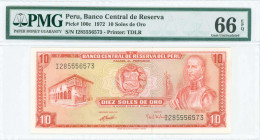 PERU: 10 Soles de Oro (4.5.1972) in red-orange on multicolor unpt with Garcilaso Inca de la Vega at right. S/N: "I 285556573". Printed by TDLR. Inside...