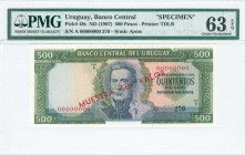 URUGUAY: Specimen of 500 Pesos (ND 1967) in green and blue on orange and light green unpt with Jose Gervasio Artigas at center. S/N: "A 00000000". Red...