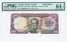URUGUAY: Specimen of 1000 Pesos (ND 1967) in purple and black on blue and yellow unpt with Jose Gervasio Artigas at center. S/N: "A 00000000". Red dia...
