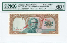 URUGUAY: Specimen of 5000 Pesos (ND 1967) in brown and blue-green on lilac and light blue unpt with Jose Gervasio Artigas at center. S/N: "A 00000000"...