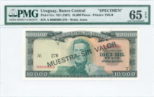 URUGUAY: Specimen of 10000 Pesos (ND 1967) in dark green and black on yellow and light orange unpt with Jose Gervasio Artigas at center. S/N: "A 00000...