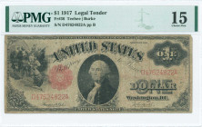 USA: 1 Dollar (1917) with Christopher Columbus sighting land at upper left and portrait of George Washington at center. S/N: "D 47624822 A". Signature...