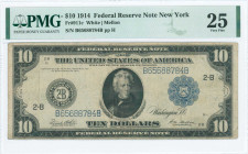 USA: 10 Dollars (1914) Federal Reserve note (New York) with portrait of Andrew Jackson at center. S/N: "B 65688784 B". Blue seal at left on face. Sign...
