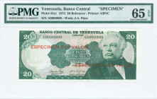 VENEZUELA: Specimen of 20 Bolivares (23.4.1974) in dark green on multicolor unpt with Jose Antonio Paez at right. S/N: "A 0000000". Two red horizontal...