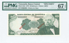 VENEZUELA: Specimen of 20 Bolivares (18.9.1979) in dark green on multicolor unpt with Jose Antonio Paez at right. S/N: "00000000". Two diagonal red ov...