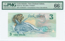COOK ISLANDS: 3 Dollars (ND 1987) in deep green, blue and black on multicolor unpt with Ina and the shark at left. S/N: "AAT 015417". Printed by (NPA)...