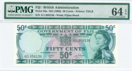 FIJI: 50 Cents (ND 1969) in blue-green on multicolor unpt with Queen Elizabeth II at right and Arms at upper center. S/N: "A/1 056136". WMK: Fijian he...