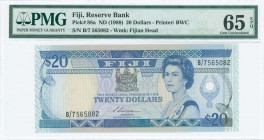FIJI: 20 Dollars (ND 1988) in blue on multicolor unpt with Queen Elizabeth II at right and Arms at upper center. S/N: "B/7 565082". WMK: Fijian head. ...