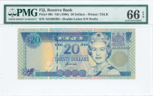 FIJI: 20 Dollars (ND 1996) in blue, purple and dark blue on multicolor unpt with mature bust of Queen Elizabeth II at right and Arms at upper right. S...