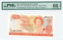 NEW ZEALAND: 5 Dollars (ND 1985-89) in orange on multicolor unpt with Queen Elizabeth II at center right. S/N: "JDW 189143". WMK: Captain Cook. Signat...