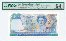 NEW ZEALAND: 10 Dollars (ND 1989-92) in blue on multicolor unpt with Queen Elizabeth II at center right. S/N: "BBB 021896". WMK: Captain Cook. Signatu...