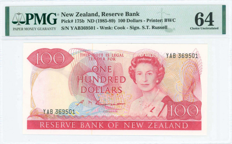 NEW ZEALAND: 100 Dollars (1985-89) in red on multicolor unpt with mature portrai...