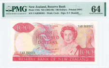 NEW ZEALAND: 100 Dollars (1985-89) in red on multicolor unpt with mature portrait of Queen Elizabeth II at center right. S/N: "YAB 369501". WMK: Capta...