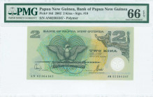 PAPUA NEW GUINEA: 2 Kina (2002) in black and dark green on light green and multicolor unpt with stylized Bird of Paradise at left center. S/N: "AN 023...