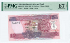 SOLOMON ISLANDS: 10 Dollars (ND 1996) in purple and red-violet on multicolor unpt with Arms at right. S/N: "C/1 003806". WMK: Falcon. Printed by (TDLR...