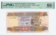 SOLOMON ISLANDS: 20 Dollars (ND 1996) in brown and brown-orange on multicolor unpt with Arms at right. S/N: "C/1 004705". WMK: Falcon. Printed by (TDL...