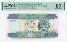 SOLOMON ISLANDS: 50 Dollars (ND 1996) in green, blue-gray and purple on multicolor unpt with Arms at right. S/N: "C/1 001702". WMK: Falcon. Printed by...