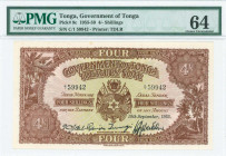 TONGA: 4 Shillings (19.9.1955) in brown on multicolor unpt with Arms at center. S/N: "C/1 59942". Printed by TDLR. Inside holder by PMG "Choice Uncirc...