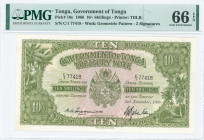 TONGA: 10 Shillings (3.11.1966) in green on multicolor unpt with Coat of Arms at center. S/N: "C/1 77418". WMK: Geometric pattern. Printed by TDLR. In...