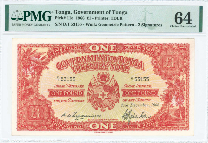 TONGA: 1 Pound (2.12.1966) in red on multicolor unpt with Coat of Arms at center...