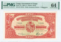 TONGA: 1 Pound (2.12.1966) in red on multicolor unpt with Coat of Arms at center. S/N: "D/1 53155". WMK: Geometric pattern. Printed by TDLR. Inside ho...