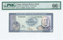 TONGA: 10 Paanga (ND 1992-1995) in dark blue on multicolor unpt with King Taufaahau at right. S/N: "C/1 798098". Printed by (TDLR). Inside holder by P...