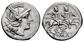 Anonymous. Denarius. 200-190 BC. Rome. (Rsc-20gg). (Ffc-39). (Craw-113/1). (Cal-39). Anv.: Head of Roma right, X behind. Rev.: The Dioscuri riding rig...